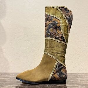 Vintage Italian Leather and Tapestry Ribbon Trimmed Patchwork Boots